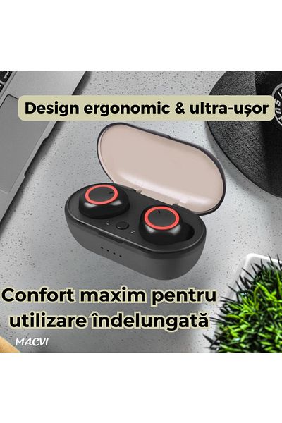 MACVI Casti wireless Macvi® A2, BT 5.0, Sunet HiFi, IPX7 rezistent la apa, Microfon, Touch Control, Negru