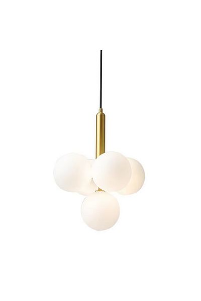 luminastar Hanging chandelier, grape shape, 5 white globes, G9 socket, gold body color, adjustable height