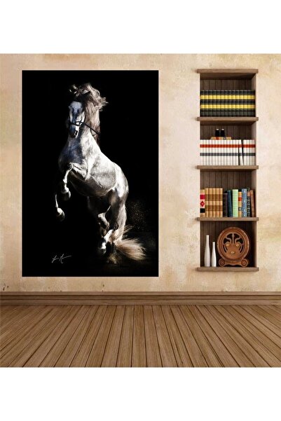 HDART Modern Soyut Yağlı Boya Görünümlü Şaha Kalkmış Şahlanmış Siyah At Kanva...