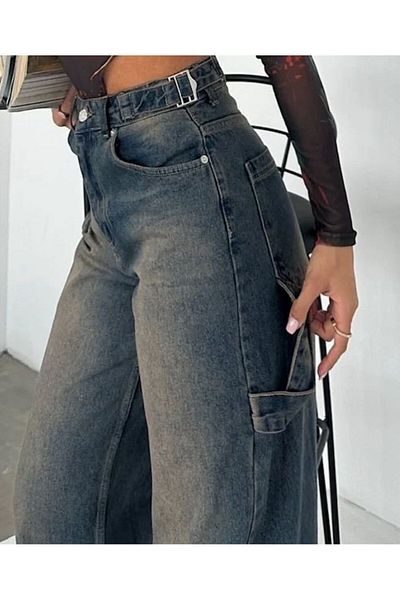 Shield Life With Tint Spray Double Belt Side Epaulet Wide Leg Baggy Women's Summer Pants High Waist Summer Jeans