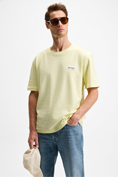 GRIMELANGE Ανδρικό μπλουζάκι NOIR από 100% οργανικό βαμβάκι με κοντό μανίκι κανονικό κίτρινο μπλουζάκι