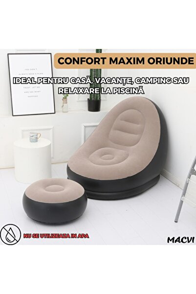 MACVI Macvi® 2-in-1 Inflatable Armchair, Chaise Lounge with Stool Included, 116x98x83 cm, Vinyl, Brown-Black