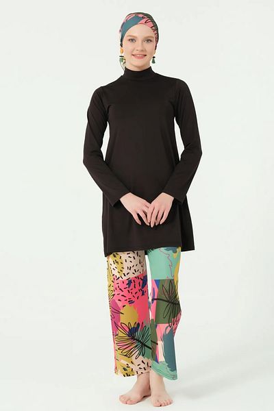 Bordomix 25638 Women's Black Pants Colorful Stylish Hijab Swimsuit