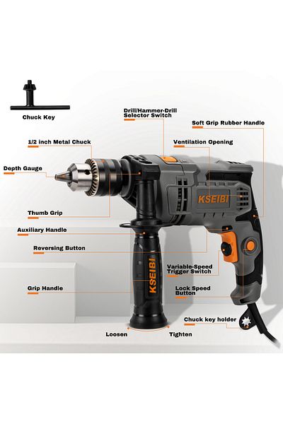 kseibi Electric Impact Drill 900 W, 13 mm Keyed, 2 in 1 Functions Cord Drill with 360°Rotating Handle.