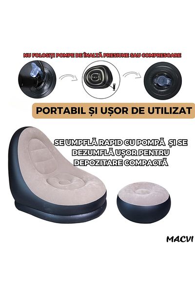 MACVI Fotoliu Gonflabil 2 in 1 Macvi®, Tip Sezlong cu Taburet Inclus, 116x98x83 cm, Vinil, Maro-Negru