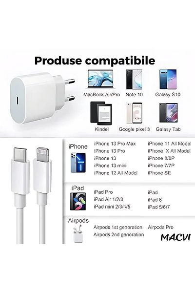 MACVI Set Incarcator Macvi® pentru Telefon 20W USB-C si Lightning, Compatibil iPhone, Fast Charge, Alb