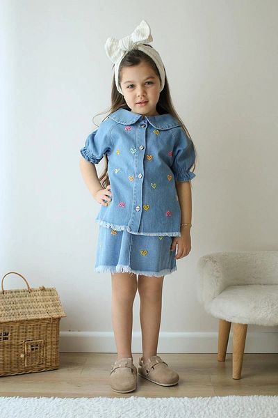Ege Bebek Girl's Skirt with Heart Embroidered Collar Detail Denim Suit Summer Vacation 3-10 Years Old Stylish Girl's Suit