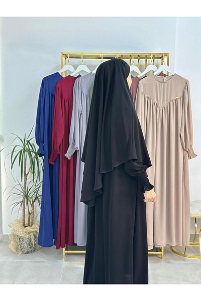 R&S modibone Hijab Front V Model Gathered Dress, Soufflé Scarf Suit, Abaya Hijab Black