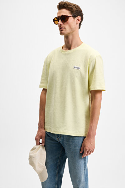 GRIMELANGE Ανδρικό μπλουζάκι NOIR από 100% οργανικό βαμβάκι με κοντό μανίκι κανονικό κίτρινο μπλουζάκι