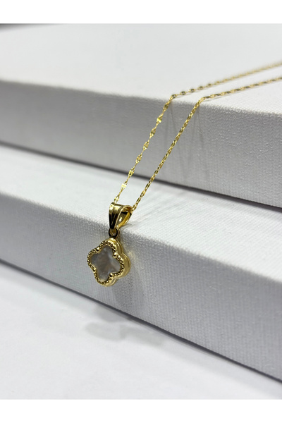 DİAMİNE PIRLANTA 14 Ayar Altın Beyaz Sedefli Taşlı Yonca Kolye