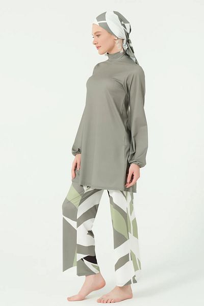 Bordomix 25632 Women's Green Pants Patterned Stylish Hijab Swimsuit