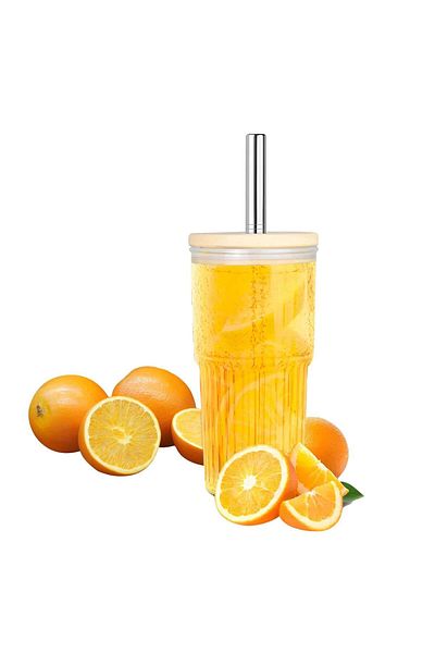 Köken Koken 1 Glass, Bamboo Lids and Stainless Steel Straws, Resistant to High/Low Temp, 500 ml