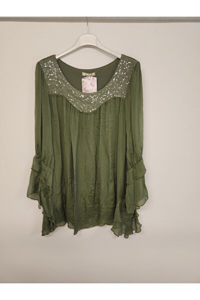della moor Khaki Italian Sequined Silk Blended Blouse