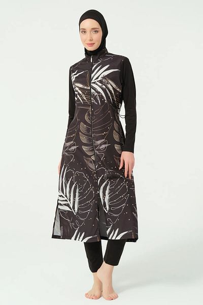 Bordomix 25535 Women's Black Brown Shiny Floral Patterned Long Hijab Swimsuit