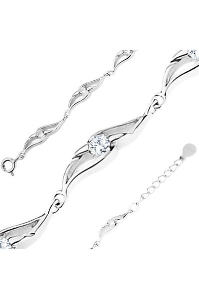 Sterling Silver 925 silver bracelet, round links with cutouts, round transparent zircons