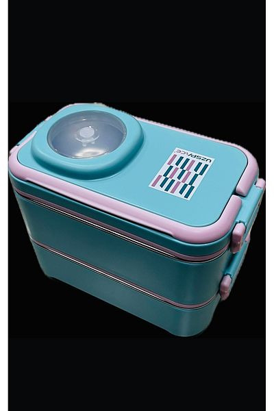 Uzspace Stainless Steel 1200ml Two Layer Insulated Lunch Box with Fork Spoon Sauce Bowl Lunch Box 8023-49