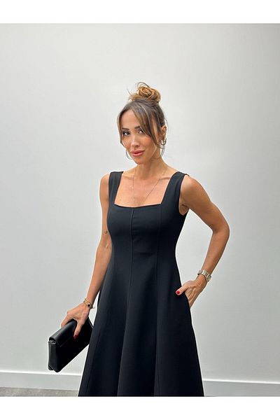 Maldia Shop Γυναικείο Φόρεμα με Χοντρό Λουράκι Τετράγωνο Γιακά Μαύρο Flared