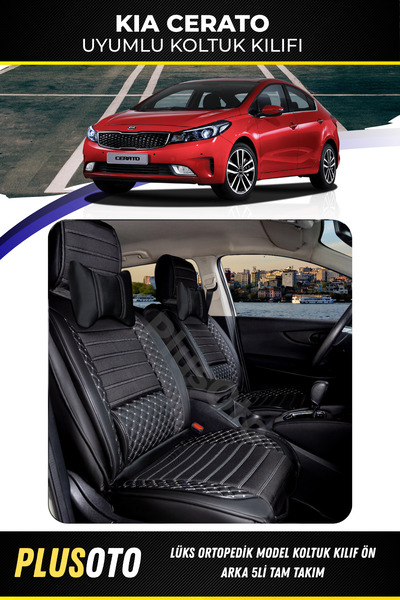 PlusOto مجموعة أغطية مقاعد السيارة المتوافقة مع Kia Cerato Plus Lux Series باللونين الأبيض والأسود مكونة من 5 قطع P-394