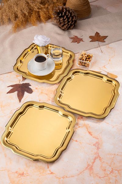 Aslı Hediyelik 3-Piece Luxury Edge Line Patterned Gold Daisy Model Stainless Steel Serving, Tea, Coffee Presentation Tray