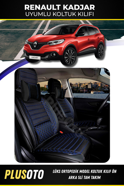 PlusOto مجموعة أغطية مقاعد السيارة المتوافقة مع سلسلة Renault Kadjar Plus Lux باللون الأسود والأزرق مكونة من 5 قطع P-649