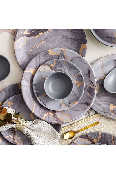 Danube Home Urmi Matt 32-Piece Melamine Dinner Set Serves-6 Grey/ Gold