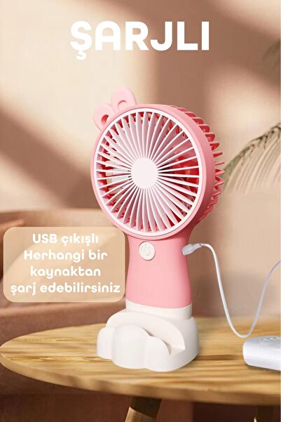 Telvesse Şarjlı Telefon Standlı Mini El Fanı Seyahat Masaüstü Vantilatör Taşınabilir Mini Fan Pembe 0808