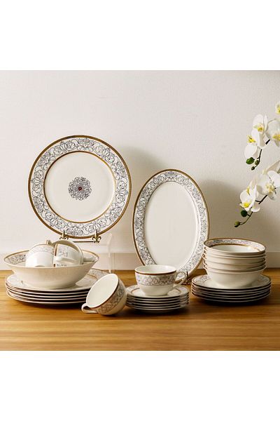 Danube Home Royal 32-Pc New Bone China Dinner Set -Serves 6-White/ Gold
