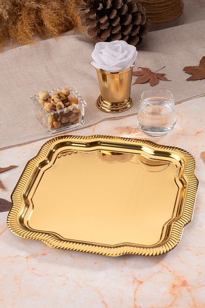 Aslı Hediyelik 1 Piece Luxury Edge Line Patterned Gold Daisy Model Stainless Steel Serving, Tea, Coffee Presentation Tray