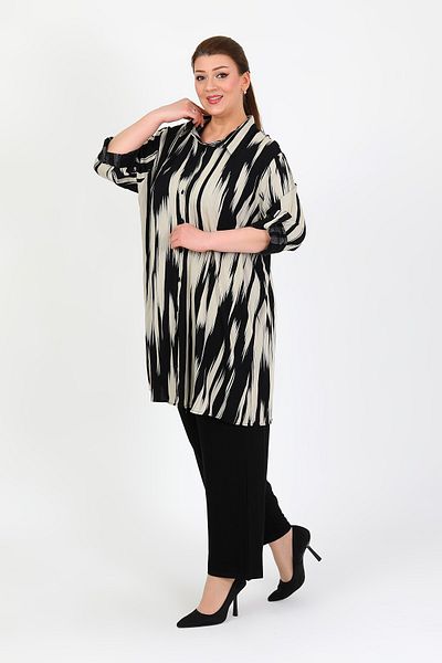 By Alba Collection Women's Black and White Patterned Cotton Viscose Large Size Tunic