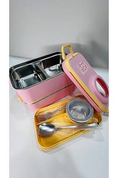 Uzspace Stainless Steel 1200ml Two Layer Insulated Lunch Box with Fork Spoon Sauce Bowl Lunch Box 8023-49