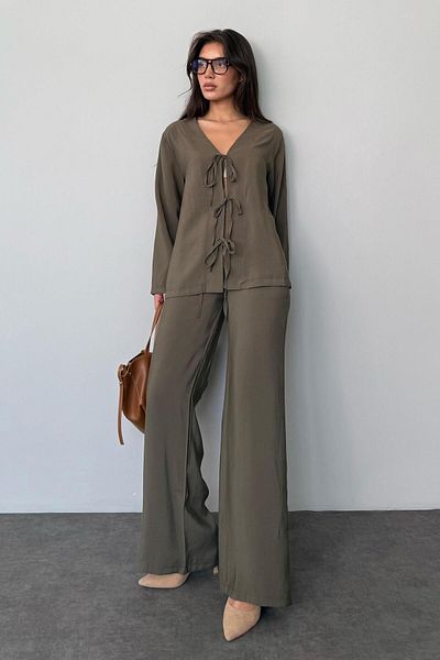 Madmext Khaki Front Tie-Up Bottom Top Set Mg2473