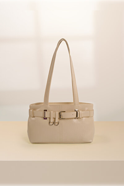 SHAKA Krem Shk233 Kırışık Dokulu Suni Deri Fermuarlı Tek Bölmeli Kemer Detayl...