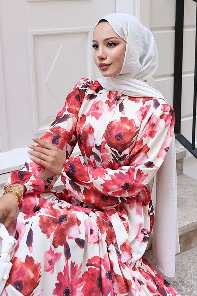 benguen Patterned Hijab Dress Red 524