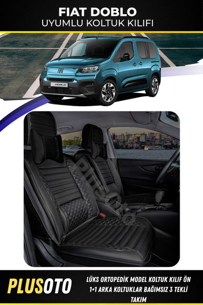 PlusOto مجموعة أغطية مقاعد السيارة السوداء المتوافقة مع سيارة Fiat Doblo الجد...