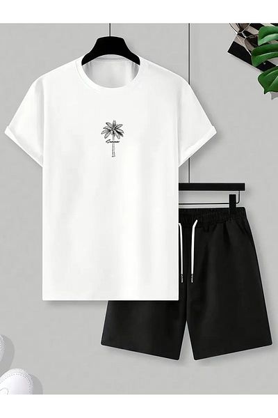 LAND MODA Piece Men's Casual Suit, Back Letter Logo Coconut Tree Print,