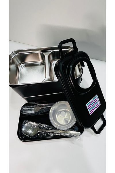 Uzspace Stainless Steel 1200ml Two Layer Insulated Lunch Box with Fork Spoon Sauce Bowl Lunch Box 8023-49
