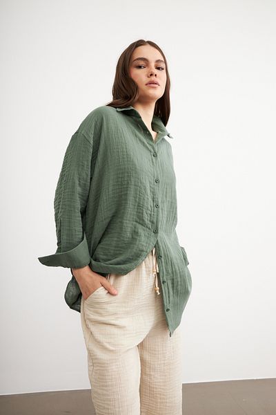 Bipantolon Дамска ментово зелена риза Oversize Basic от муселин