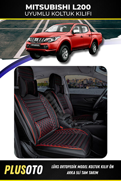 PlusOto مجموعة أغطية مقاعد السيارة المتوافقة مع سلسلة Mitsubishi L200 Plus Lux باللون الأسود والأحمر مكونة من 5 قطع P-514