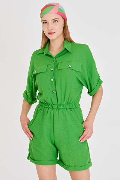 armonika Dámská zelená kombinéza netopýří kapsa v pase s elastickým pasem s kraťasy na paži-23y001075