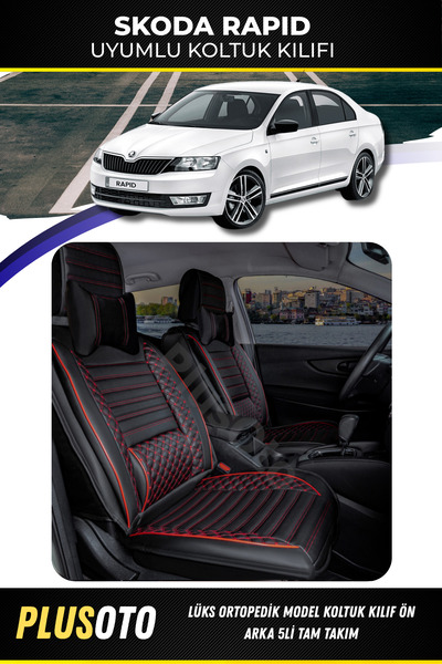 PlusOto مجموعة غطاء مقعد السيارة المتوافقة مع سكودا رابيد بلس لوكس باللون الأ...