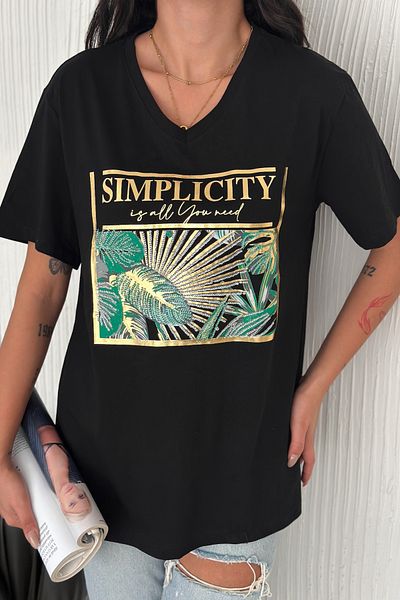 FEMELLE Women's Black V-Neck Large Size Leaf Sequin Sequin Embroidered 100% Cotton Large Size T-Shirt