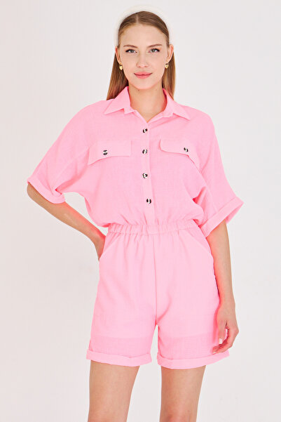 armonika Neon Pink Women's Jumpsuit - Bat Sleeve, Pocket and Elastic Waist Shorts Arm-23Y 001075