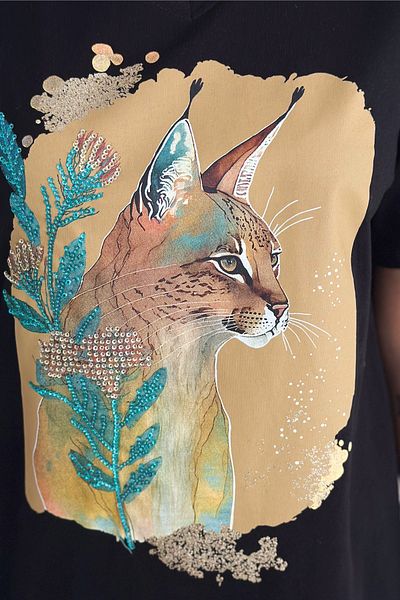 FEMELLE Women's Black V-Neck Large Size Cat Sequin Sequin Embroidered 100% Cotton Large Size T-Shirt