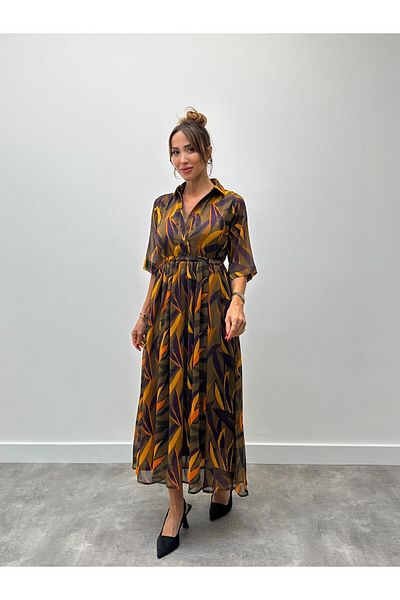 Maldia Shop Γυναικείο πορτοκαλί φόρεμα με σχέδιο σιφόν