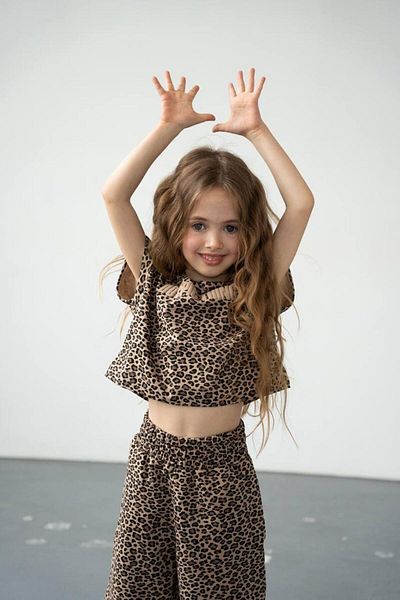 Magu Girl's Cotton Brown Leopard Print Set - Short Sleeve T-Shirt and Wide Leg Pants