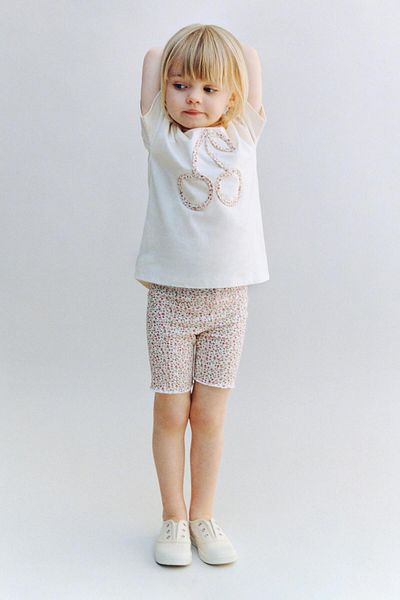 Magu Girl's cotton ecru patterned t-shirt and ribbed leggings set - summer two piece