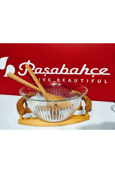 Paşabahçe Set of Wooden Serving Handles and Set + Salad Serving Bowl of Freesia Presentation Bowl 4 Pç.