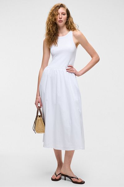 GRIMELANGE Catala Women's Poplin Woven Body Hugging Hollow Collar Zero Sleeve White Dress