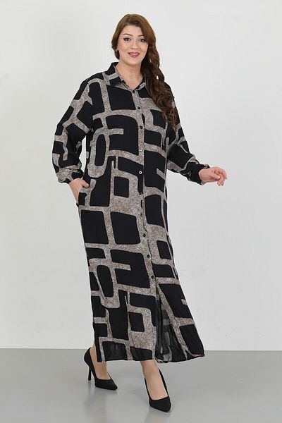 By Alba Collection Women's Black Patterned Cotton Viscose Large Size Dress