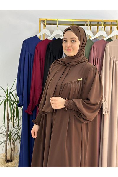 R&S modibone Suit with Shawl,Modest Front V Model Gathered Dress,Abaya Hijab, Suitable Coffee in Ferrace Hajj and Umrah